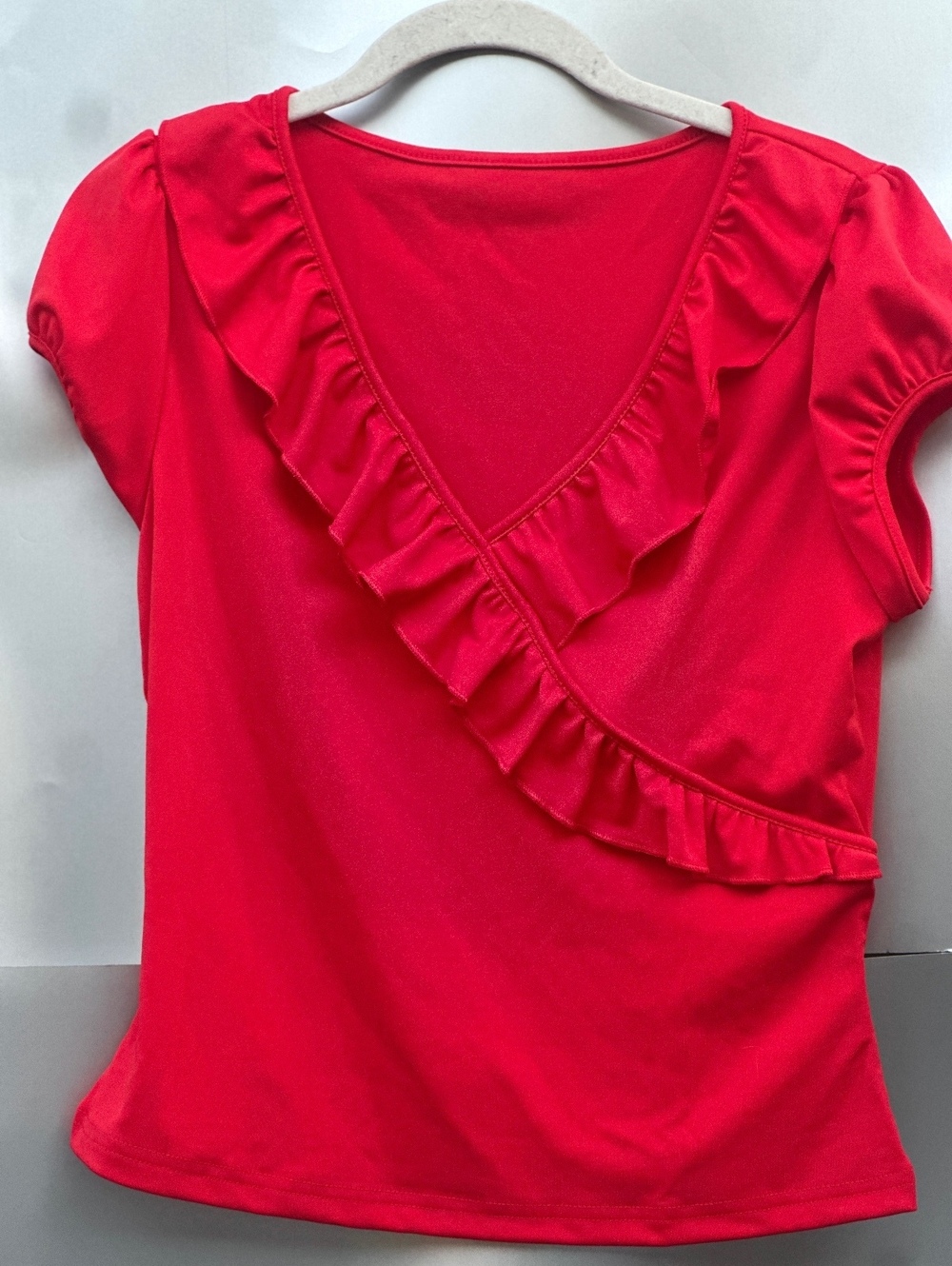 SHEIN Red Ruffle Wrap Front Short Sleeve Top Size L